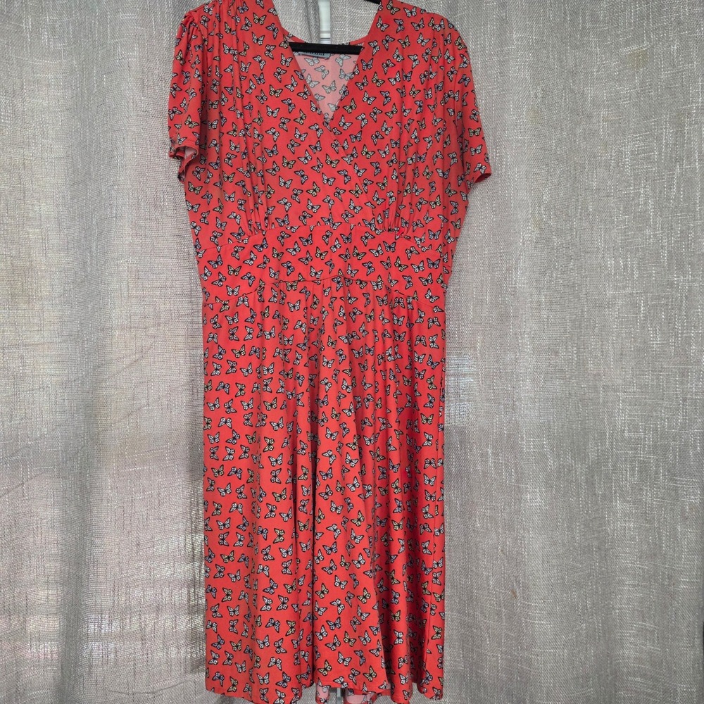 Karina XL Orange Butterfly Print Midi Dress V-Neck Stretch Pleated A-Line